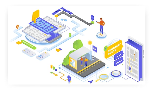 Le Planificateur D'itinéraire En Ligne Trouve Le Plus Court Et Le Meilleur Itinéraire Sur L'illustration Isométrique Vectorielle Mobile Ro
