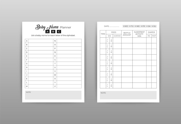 Planificateur de soins pour bébé et modèle vectoriel intérieur de journal de bord de nom de bébé pour KDP