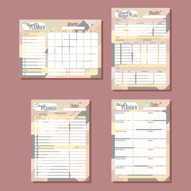 Vecteur planificateurs d'arrière-plan géométrique au format a4 planificateur de budget pour le mois de la semaine
