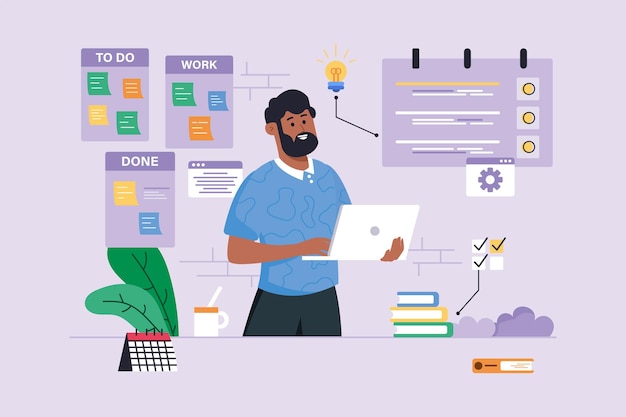 Planification du concept d'arrière-plan violet avec scène de personnes dans le style de dessin animé plat L'employé passe en revue sa liste de plans pour la journée Illustration vectorielle