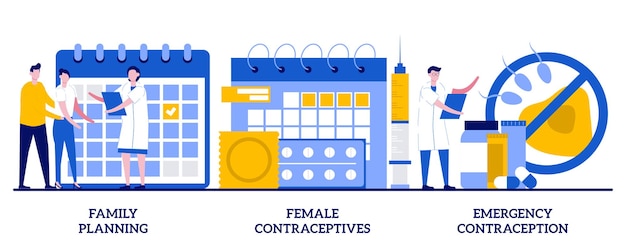 Planification familiale, contraceptifs féminins, concept de contraception d'urgence avec des personnes minuscules. Contrôle des naissances des enfants, prévention de la grossesse, prophylactique signifie jeu d'illustrations vectorielles abstraites.