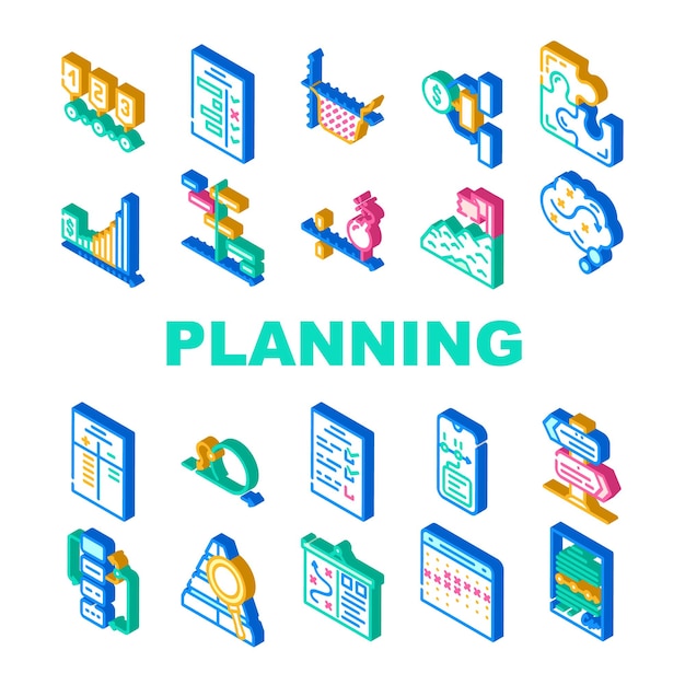 Planification Des Icônes De Stratégie De Projet De Démarrage Définies Liste De Contrôle Vectorielle Avec Tâche Et Calendrier Avec Date Limite Pour La Planification Objectif Réussite Réalisation Et Dépôt Financier Signe Isométrique Illustrations En Couleur