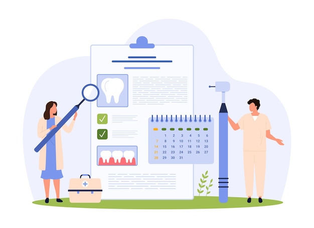 Planification d'un rendez-vous dentaire sur le calendrier par de petites personnes avec un grand équipement dentaire