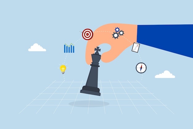 Planification stratégique entrepreneur main sur le roi d'échecs tactique