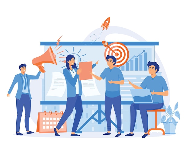 Planification stratégique des entreprises personnes devant un grand écran présentant la vision et la mission de l'entreprise