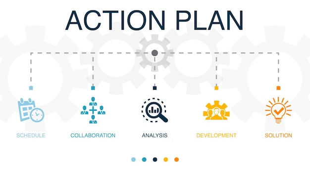 Planifier les icônes de solution de développement d'analyse de collaboration Modèle de conception infographique Concept créatif avec 5 étapes