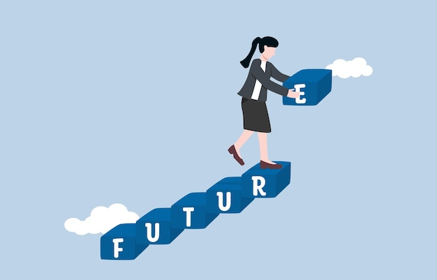 Planifier un meilleur concept futur Une femme d'affaires ambitieuse construit un escalier de progrès futurs