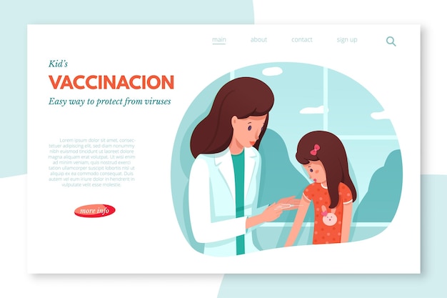 Vecteur planifier la page de destination de la consultation sur la vaccination des enfants soins de santé prévention des traitements médicaux et vaccination pour les enfants pédiatres faisant l'injection du vaccin contre la grippe à l'hôpital pour filles