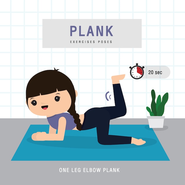 Plank Workout. Femme Faisant De L'exercice De Planche Et De La Formation De Yoga à La Maison De Gym, Rester à La Maison Concept. Illustration De Dessin Animé De Personnage