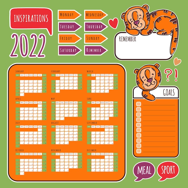 Planner Autocollants 2022 Avec Tigre Calendrier Calendrier Et Collection