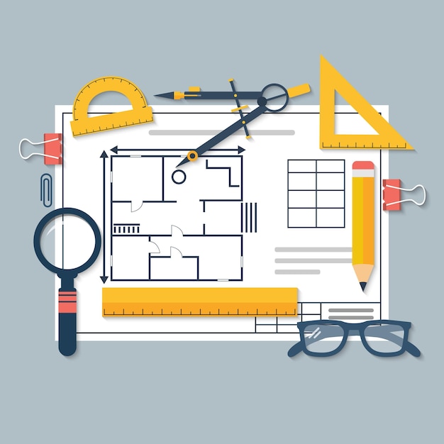 Vecteur plans architecturaux et outils de dessin. lieu de travail de l'architecte. projet de plan de construction de maison. vecteur, plat. dessin, règle, boussole, rapporteur, loupe, violon.