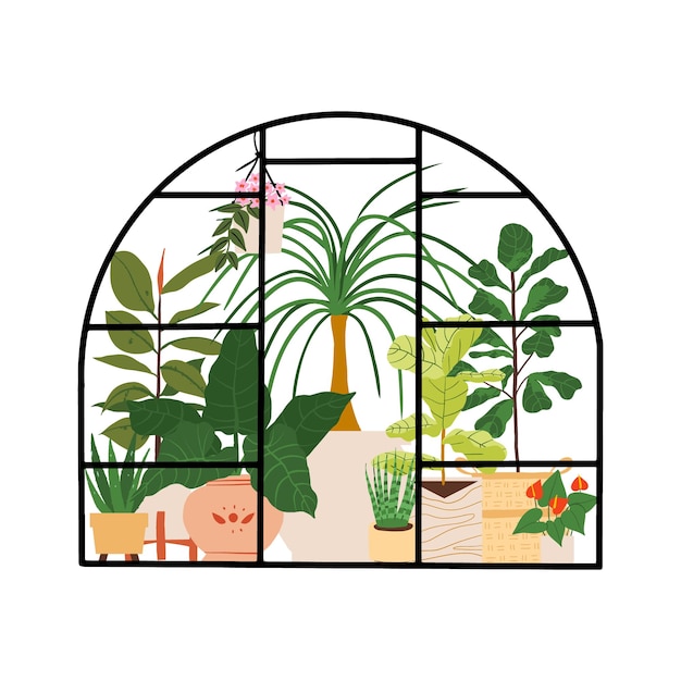 Vecteur plantation de serre verre orangerie jardin botanique fleurs et plantes en pot illustration de jardinage