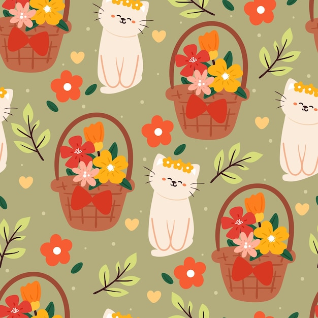 Plante De Chat De Dessin Animé Modèle Sans Couture Et Panier De Fleurs