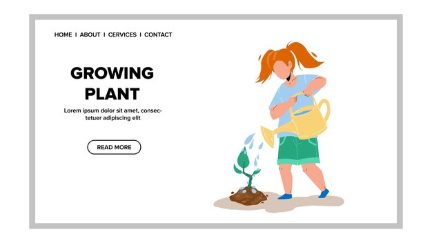 Plante En Croissance Dans Le Jardin Et Vecteur D'arrosage De Fille. Petite Plante De Culture De Soins D'agriculteur D'enfant, Travail De Ferme Et Culture. Caractère Kid Farming, Jardinage Occupation Web Flat Cartoon Illustration