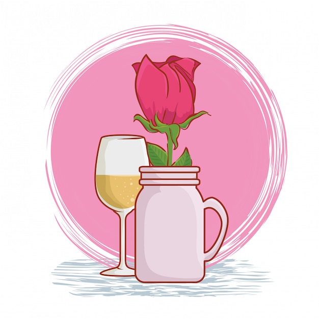 Vecteur plante rose avec des feuilles à l'intérieur d'un vase et verre à champagne