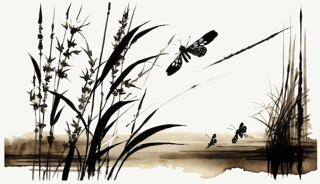 Plante de roseau WebCattail et drafonflies dessinés à la main avec de l'encre Illustration vectorielle