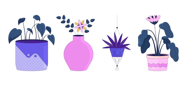 Vecteur planter des pots de fleurs ensemble d'objets de dessin animé linéaire 2d
