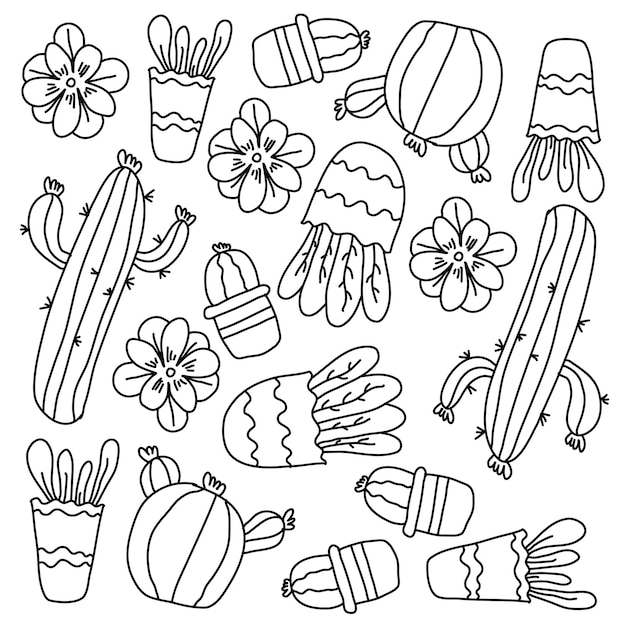 Plantes De Cactus Sertie De Vecteur De Style De Ligne Doodle