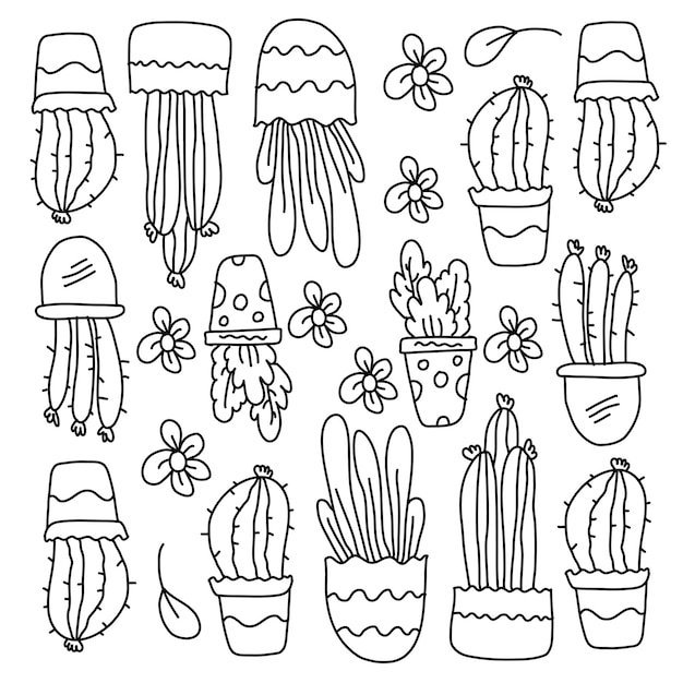 Plantes De Cactus Sertie De Vecteur De Style De Ligne Doodle