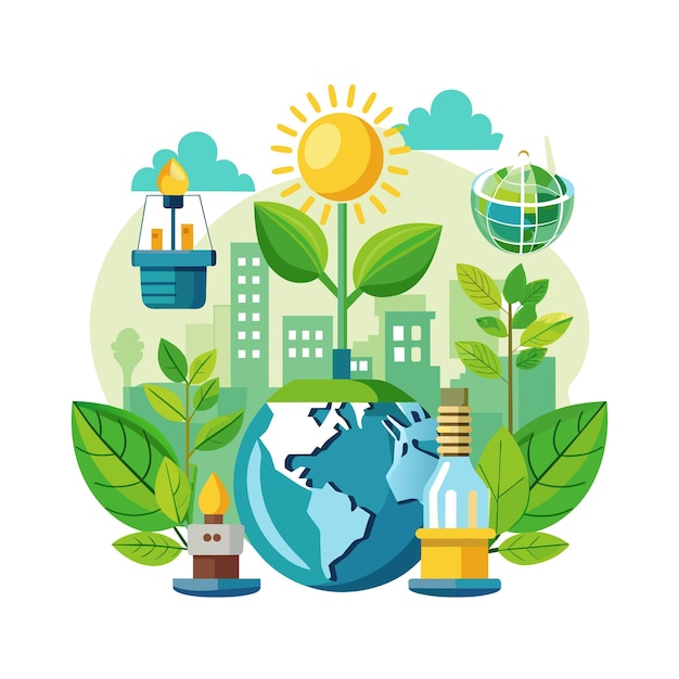 plantes dans des pots avec soleil et globe belle scène illustration vectorielle