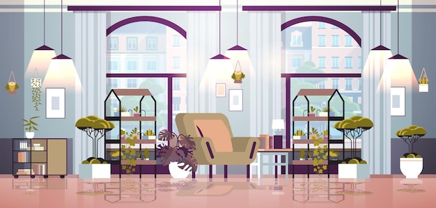 Plantes à effet de serre fleurs en pot sur des étagères accueil jardin concept salon intérieur horizontal illustration vectorielle