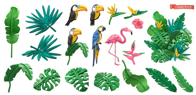 Vecteur plantes et fleurs tropicales, oiseaux exotiques. toucan, perroquet, flamant rose. jeu d'icônes d'art de pâte à modeler jungle. 3d