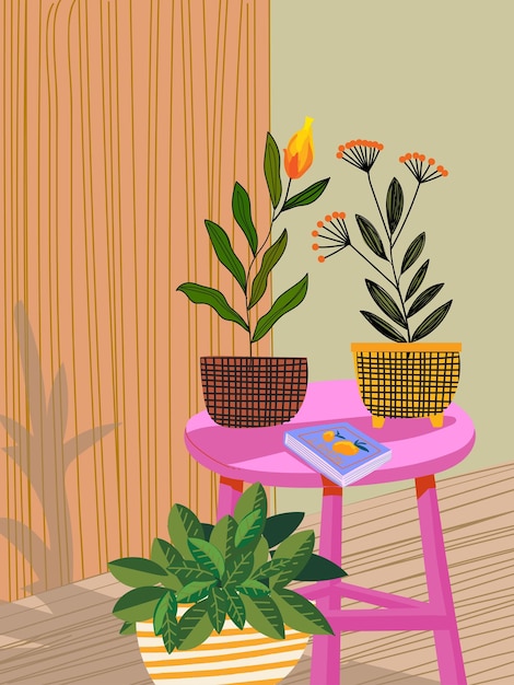 Vecteur des plantes florales, des fleurs sur des vases, des pots, des illustrations vectorielles dessinées à la main.