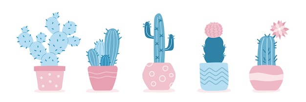 Plantes D'intérieur Cactus Bleus Dans Un Style Plat Ensemble De Cactus Mignons Dans Des Pots De Fleurs Illustration Vectorielle