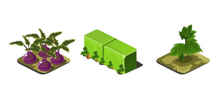 Vecteur plantes de jardin et éléments de nature de l'interface utilisateur du jeu de clôture verte pour les jeux vidéo sur ordinateur illustration vectorielle conception de sites web