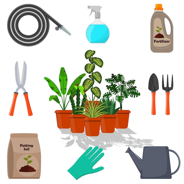 Vecteur plantes en pot entourées d'outils de jardin ensemble d'outils de jardinage terreau divers engrais