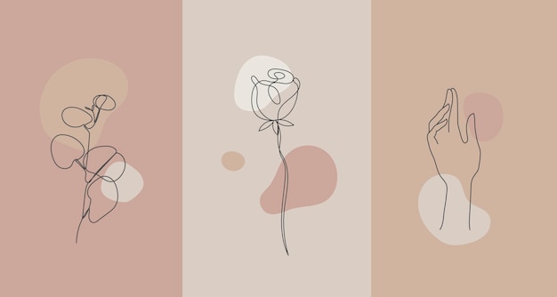 Plantes De Style Minimaliste De Vecteur, Main. Fleur De Ligne, Couleurs Nude. Impression Abstraite Dessinée à La Main. Utiliser Pour Les Fonds D'écran D'histoires De Médias Sociaux, Les Logos De Beauté, L'illustration D'affiche, La Carte, L'impression De T-shirt