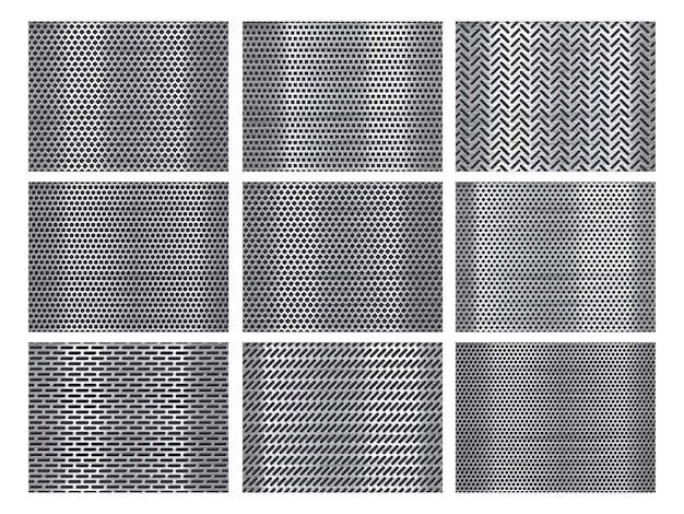 Plaque en acier inoxydable à texture de gril en acier perforé avec trous de perforation et jeu de vecteurs de fond de grille métallique