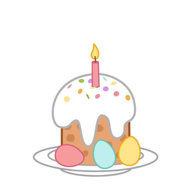 Vecteur plaque avec gâteau de pâques et œufs bougie brûlante dans le gâteau de pâques illustration vectorielle de dessins animés eps 10