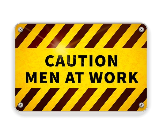 Vecteur plaque de métal brillant attention brillante, panneau d'avertissement hommes dans la zone de travail sur blanc