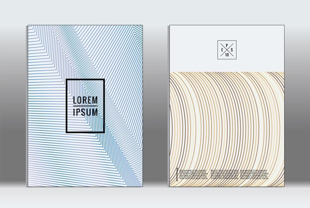 Plaque minimale. Couverture géométrique vectorielle. Modèle de rapport à la mode hipster. Set de flyers de conception graphique à gradient de ligne futuriste. Dispositions minimales de mode. Plaques à rayures. Set de conception de bannières rétro.