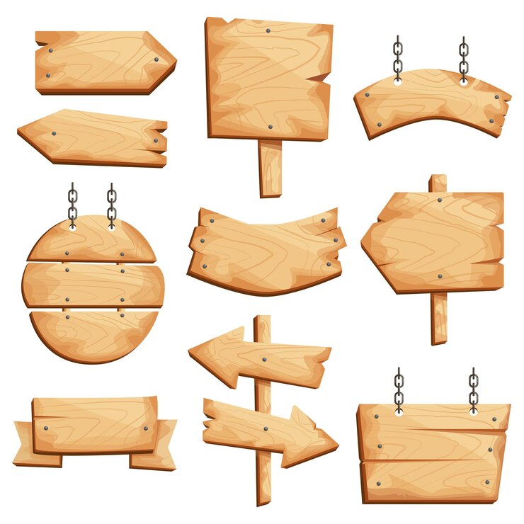 Plaques en bois, planches et enseignes de différentes formes, flèches. Planche rustique, une planche avec une place.