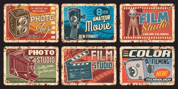 Plaques de métal rouillé de studio de cinéma, ensemble d'affiches vectorielles