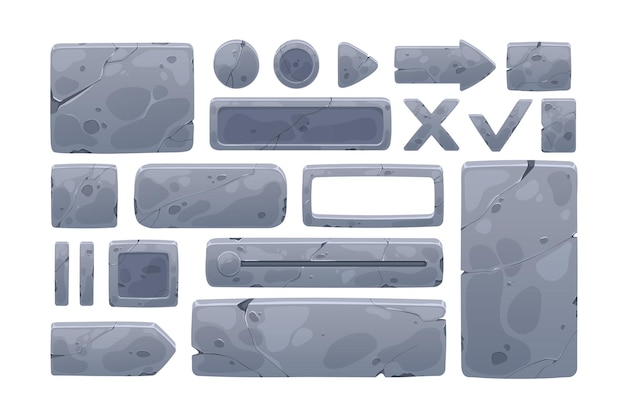 Plaques de pierre, planches, bannières pour jeux. Ensemble d'éléments de conception d'interface graphique. Rocher, panneaux métalliques, boutons, clés, cadres, flèches, objets de navigation. Illustration vectorielle plane isolée sur fond blanc