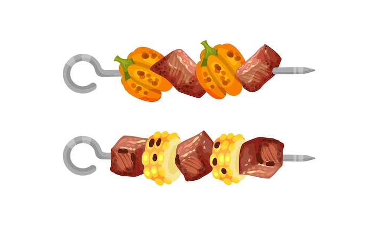 Vecteur des plaques de viande et de légumes épinglées sur un ensemble vectoriel de broches métalliques