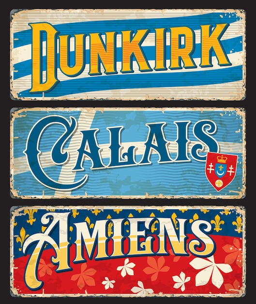 Vecteur plaques de voyage dunkerque calais amiens ville française