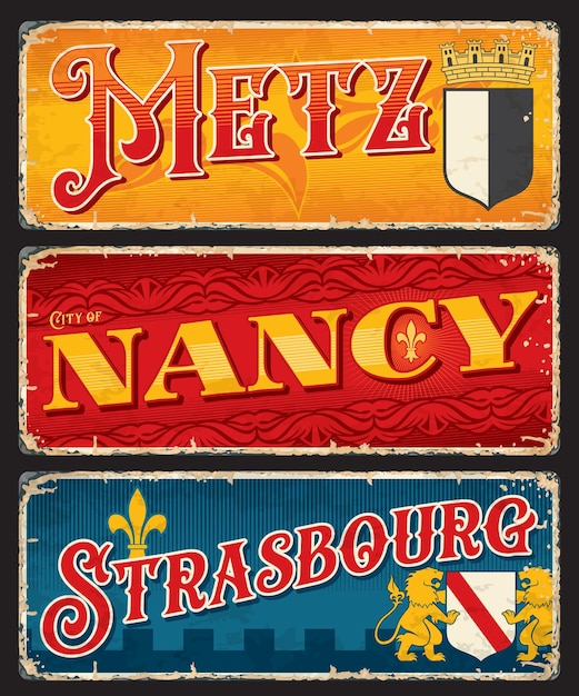 Vecteur plaques de voyage ville française metz nancy strasbourg