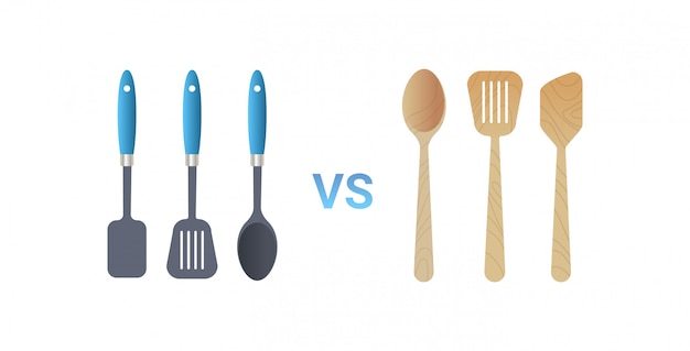 Plastique vs en bois ustensiles de cuisine ustensiles de cuisine ensemble icône spatule concept zéro déchet plat fond blanc horizontal