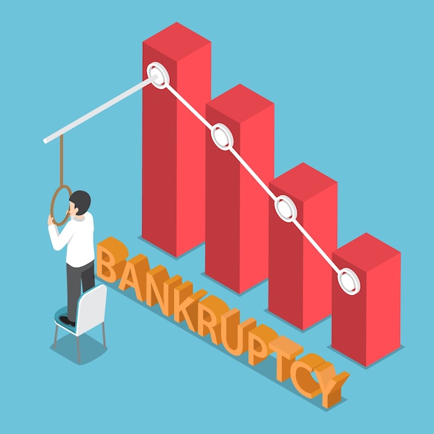 Plat 3d Homme D'affaires Désespéré Isométrique Essayant De Se Suicider En Se Suspendant. Concept D & # 39; échec Commercial Et De Faillite