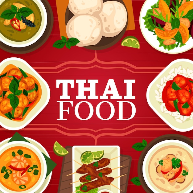 Vecteur plat de cuisine thaïlandaise, couverture de menu de repas de restaurant