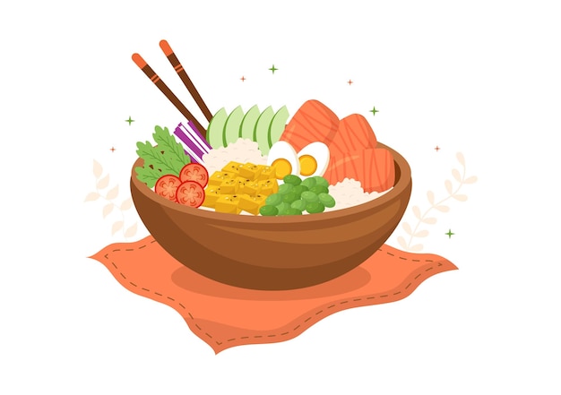 Plat Hawaïen Poke Bowl Modèle Nourriture Illustration Plate Dessin Animé Dessiné Main