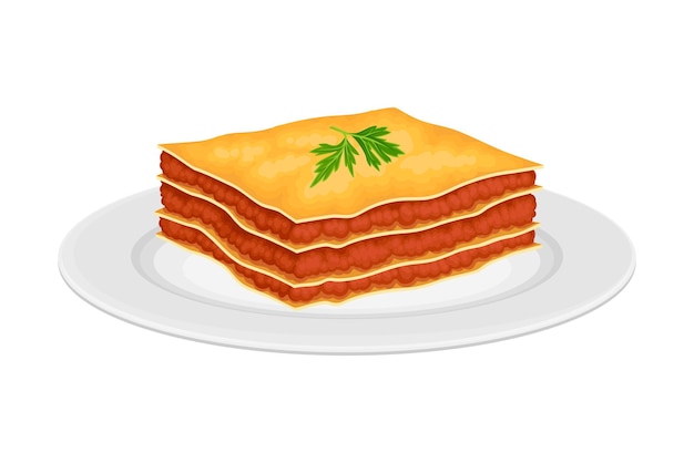 Vecteur plat de lasagne italienne avec des couches de pâtes empilées avec de la viande et des tomates illustration vectorielle de remplissage