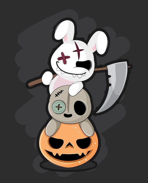 Vecteur plat mignon animal petit lapin vaudou halloween illustration pour les enfants. personnage mignon d'halloween
