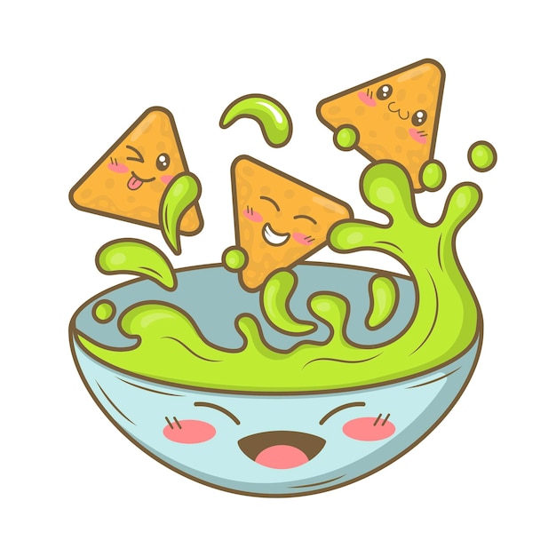 Plat De Nachos Mexicains De Dessin Animé Kawaii Avec Sauce Guacamole Isolé Sur Fond Blanc