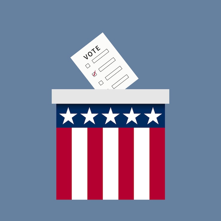 Vecteur plat, vecteur, drapeau américain, élection, urne