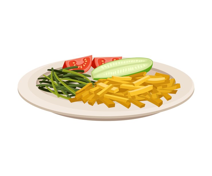 Vecteur plat végétarien avec des frites et des légumes illustration vectorielle